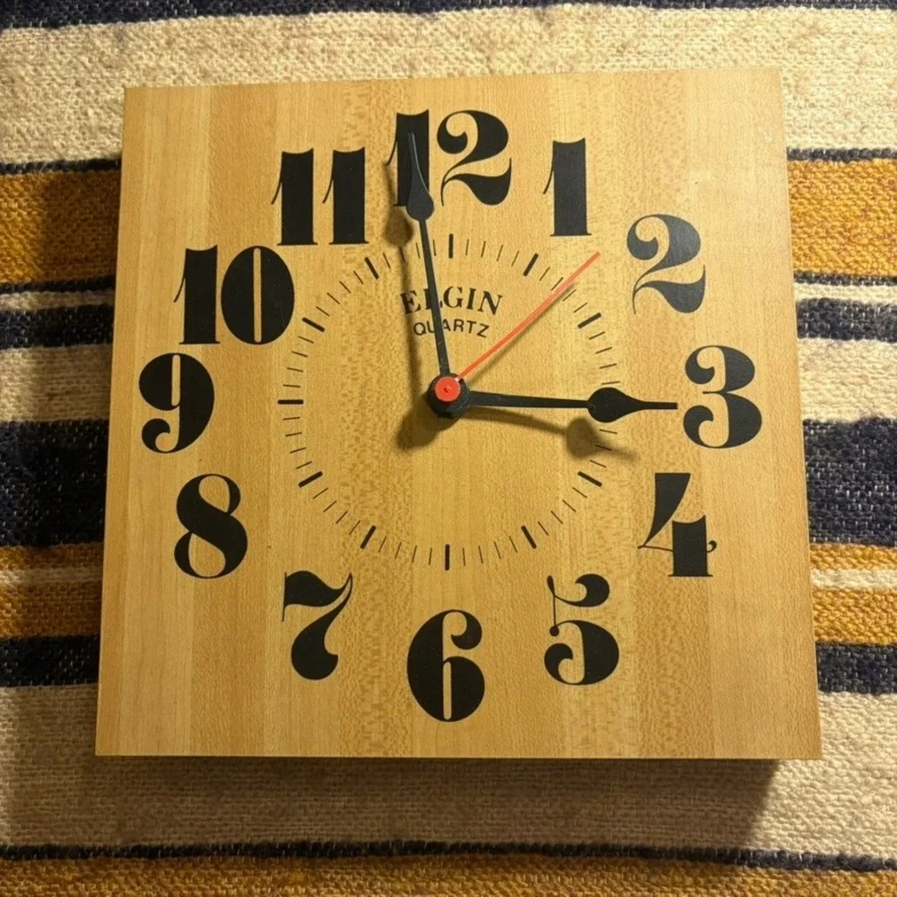 Elgin‎ Quartz Wall Clock 8in Wood Square Vintage MCM Style Analog Home Decor